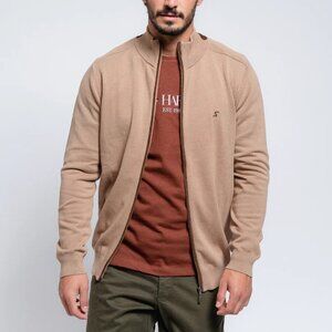 SMF Tan Knit Mock Collar Long Sleeve Zip Up Jacket With Contrast Brown Detail